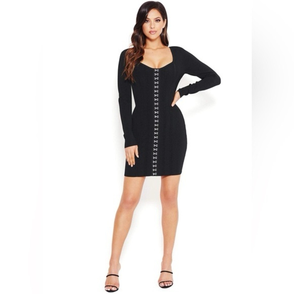 bebe Black Long Sleeve Corset Bodycon Mini Dress - Hook & Eye Detail - Medium